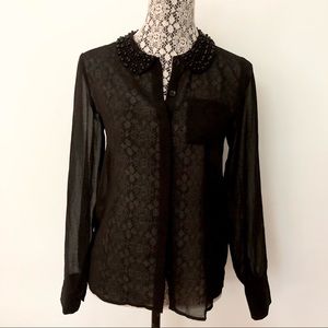 Kensie Beaded Collar Black Sheer Button Down Top